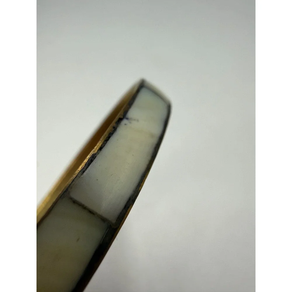 Vintage Brass Mother of Pearl Inlay Bangle Bracelet Iridescent Shell Boho